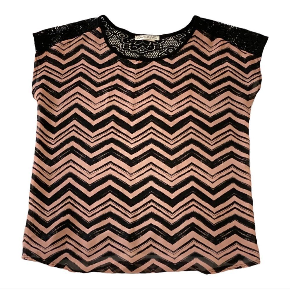 Claudia Richard Pink & Black Chevron Short Sleeve Blouse